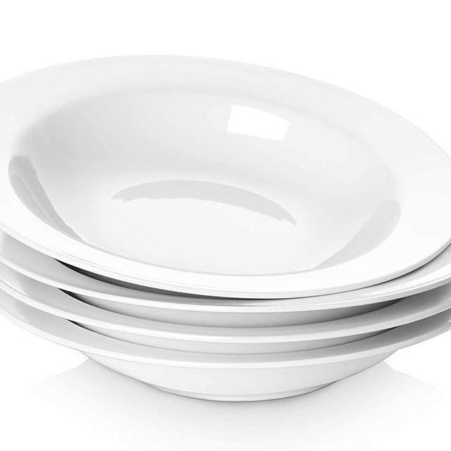 Y YHY 20 Ounces Porcelain Pasta, Soup, Salad Bowls, 9.5 Inches Wide Rim Bowl Set, White, Set of 4