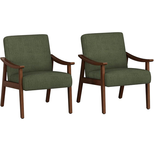 Yaheetech Corduroy Accent Chair, Mid-Century Modern Armchair with Solid Wood Legs, Reading Leisure Chair with High Back for Living Room Bedroom Waiting Room, Set of 2, Dark Green