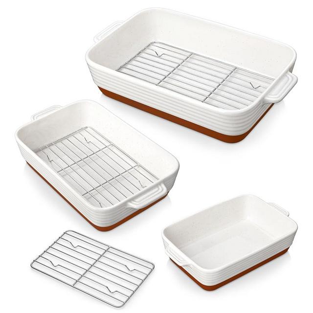 MALACASA Casserole Dishes for Oven with Roasting Racks, Ceramic Baking Dishes Set of 3, Baking Pan Casserole Dish Set, Rectangular Lasagna Pan Deep with Handles for Baking, Khaki White (14.5''/13''/10.5''), Series TARA