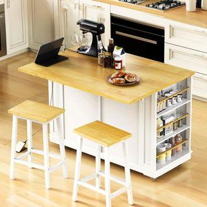 Polibi 48" Large Kitchen Island with 2 Bar Stools,Kitchen Storage Cart on 5 Wheels with Drop Leaf,Power Outlet,Door Internal Storage Rack,5 Open Side Racks and 2 Drawers,for Dining Room,White