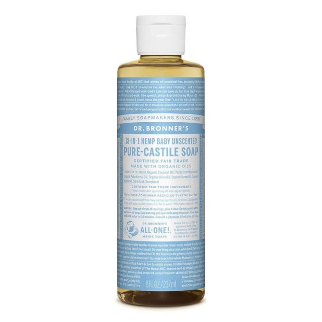 Dr. Bronner's - Pure-Castile Liquid Soap (Baby Unscented, 8 Ounce) - Made with Organic Oils, 18-in-1 Uses: Face, Hair, Laundry, Dishes, For Sensitive Skin, Babies, No Added Fragrance, Vegan, Non-GMO