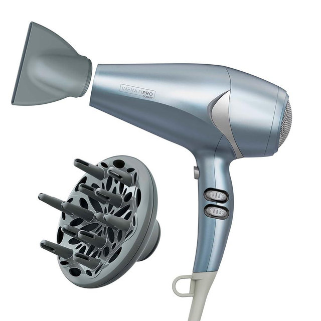 Infiniti PRO CONAIR Hair Dryer with Diffuser and Concentrator, 1875W Style & Shine Blow Dryer with Tourmaline and Ionic Conditioning to Fight Frizz, 3 Heat & 2 Speed Settings, Blue