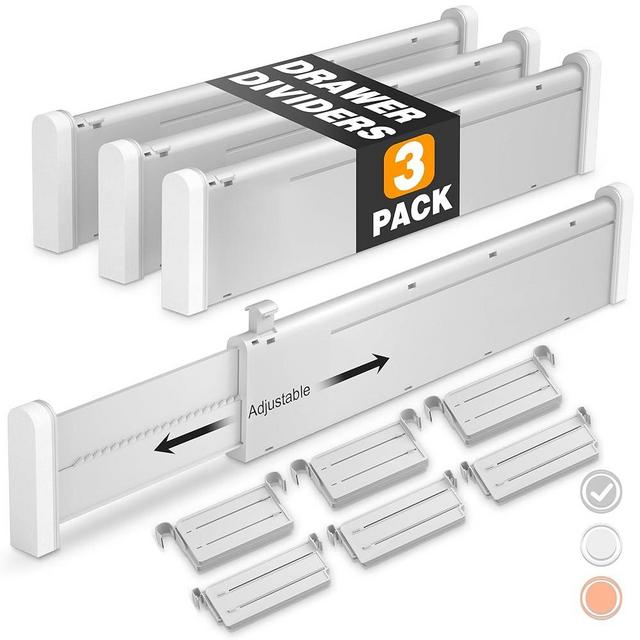 HiYZ Expandable Drawer Dividers with Inserts - Adjustable Drawer Organizers Separators for Kitchen, Bedroom, Dresser, Office, 3 Long Dividers(12.6-22.8 IN) with 6 Inserts(3.9-7.1 IN) - Grey