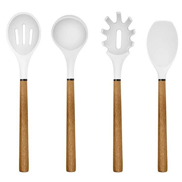 Enchante Direct - Country Kitchen 8 pc Non Stick Silicone Utensil Set with Rounded Wood Handles for Cooking and Baking - White