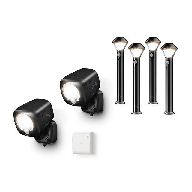 Ring Smart Lighting – Spotlight, Battery-Powered, Outdoor Motion-Sensor Security Light, Black (Starter Kit: 2-pack) – Bundle with 4 Pathlights