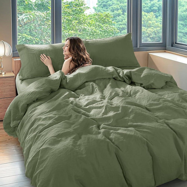 Shilucheng 100% Linen Queen Duvet Cover Set, Luxury Pure Natural French Flax Linen Duvet Cover with Zipper Closure & Corner Ties, Cooling Breathable Comforter Cover 3 Piece (Olive Green)