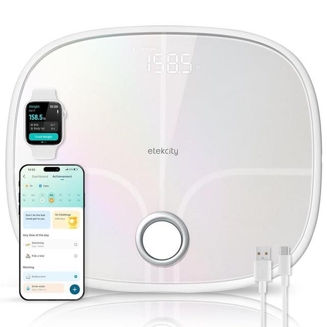 Etekcity Smart Rechargeable Scale for Body Weight, BMI, Fat, Muscle Mass, FSA HSA Eligible, Digital Bathroom Scale with 13 Metrics, Secret Mode, Bluetooth Connect to Free Apps, Rainbow White