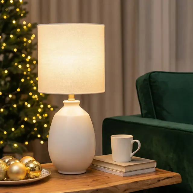 C Cattleya 19in. White Glossy Ceramic Table Lamp with White Linen Shade and Brushed Nickel Lamp Neck