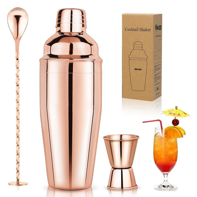 25oz Cocktail Shaker Set Martini Shaker Set Bartender Set with Margarita Mixer Drink Shaker, Measuring Jigger and Mixing Spoon - Professional 18/8 Stainless Steel Bar Tools (Rose Gold)