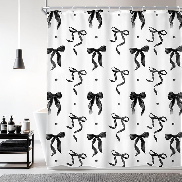 Newsely Black White Bow Shower Curtain 72Wx72L Inch Coquette Bownot Cute Girly Modern Retro Vintage Black Bathroom Accessories Set Teen Girls Women Aesthetic Waterproof Bath Decoration Home Decor