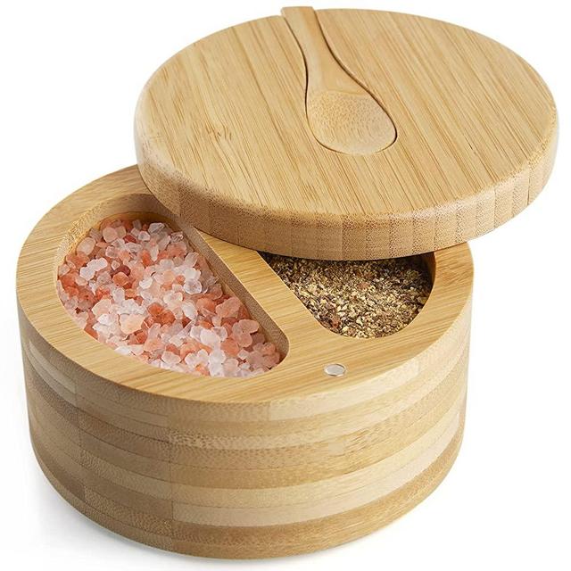 Large Salt Box with Swivel Lid - Bivvclaz Bamboo Salt Container with Lid and Spoon, 2-Compartment Salt Pepper Bowls for Salt & Spices, Salt Cellar Holder for Kosher, Himalayan and Sea Salts,Dual 7 oz