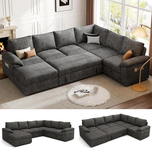 Howjoe 108 Inch Sectional Sleeper Sofa with Pull Out Bed, U Shaped 7 Seat Modular Sectional Sofa with Storage, Sectional Couches for Living Room, Cloud Modular Couch, Removable Sofa Cover, Dark Grey