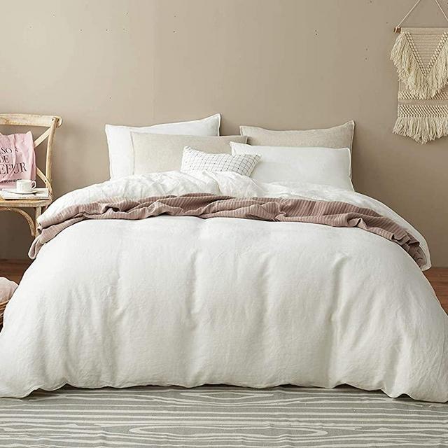 DAPU Pure Linen Duvet Cover Stone Washed European Flax（Full/Queen, Off White, Duvet Cover and 2 Pillowcases