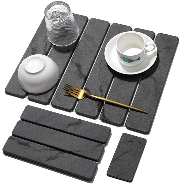Small Stone Dish Drying Mat for Kitchen Counter, 2 PCS 16"×12" & 8"x4" Quick Dry Stone Mats, Foldable Water Absorbing Diatomaceous Earth Drying Dish Pad for Countertop Bottles Utensils Cups(Dark Gray)