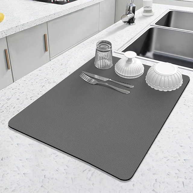 LOPNUR Kitchen Dish Drying Mat, 18"x16" Small Dish Drying Mats for Kitchen Counter, Super Absorbent Dish Drying Pad, Diatomite Coffee Mat Heat Resistant Mat with Anti-slip Rubber Backed, Grey