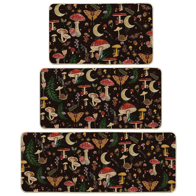 Artoid Mode Black Mushrooms Butterfly Spring Kitchen Mats Set of 3, Home Decor Low-Profile Kitchen Rugs for Floor - 17"x29"+17"x36"+17"x47"