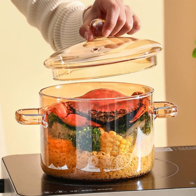 Vaguelly, Clear Glass Cooking Pot Saucepan with Lid, 1500mL Simmer Pot Microwave Stove and Dishwasher Safe Double-Handle Cookware for Milk Pasta Noodles Soup, Amber