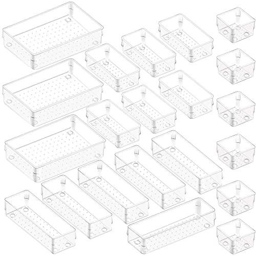 Kootek 21 Pcs Modular Drawer Organizer with 4-Size Drawer Dividers Makeup Organizers Bins Clear Customize Layout Storage Box with Bottom Wave Point Design for Bedroom Bathroom Kitchen Office