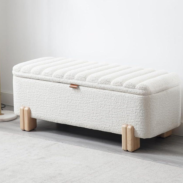 Kmax 45" Storage Bench Faux Fur Entryway Bench Upholstered Ottoman Bench with Wavy Top & Safty Hinge for Bedroom Living Room Hallway, White