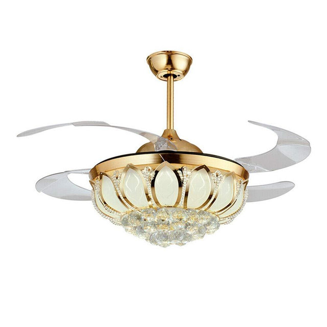 Ceiling Fan Light 42inch Modern Luxury Crystal Chandelier 4 Retractable Blades 3 Speeds Silent Ceiling Fans Lighting Fixture LED w/Remote for Home Restaurant Office Hotel (Gold, 42inch)
