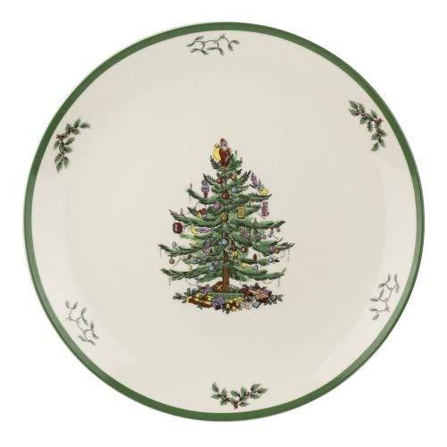 Spode Christmas Tree Round Platter| Serving Platter for Chicken, Ham, and Turkey| Circle Serving Dish| Measures 14-Inches| Dishwasher Safe| Green/White