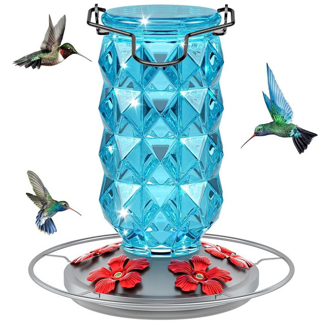 Glass Hummingbird Feeders for Outdoors, 25 Ounces Wild Bird Nectar Feeder with Perch & 5 Flower Feeding Ports Leak Proof Hanging for Garden Backyard Decor, Gifts for Women Mom, Blue