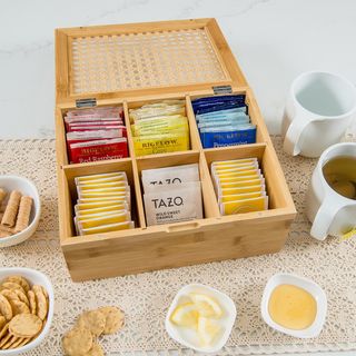 Bamboo 6-Section Tea Box with Rattan Top, Set of 2