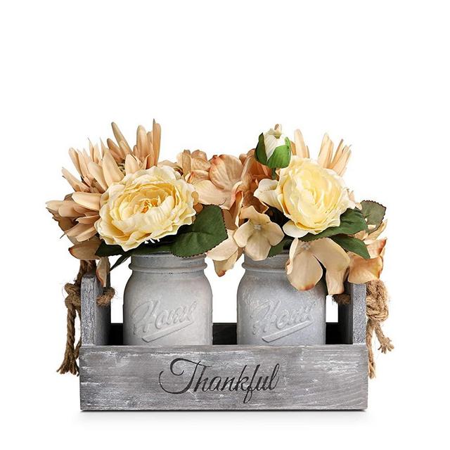 HOMKO Mason Jar Centerpiece Set with Artificial Flower, Kitchen Table Decor Centerpiece in Farmhouse Rustic Style for Flatware Organizer, Flower Arrangement, Garden Wedding (White, Medium)