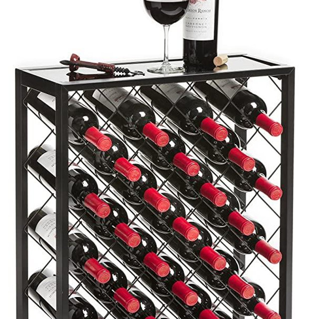 Mango Steam 32 Bottle Wine Rack with Glass Table Top, Black
