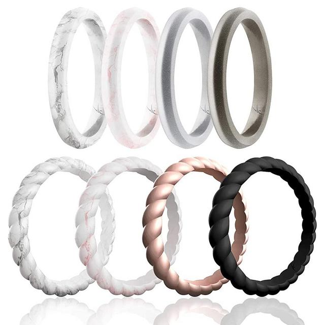 ROQ Silicone Wedding Rings for Women, Affordable Thin Braided Stackable Silicone Rubber Wedding Bands, 8, 4 & 2 Packs and Singles