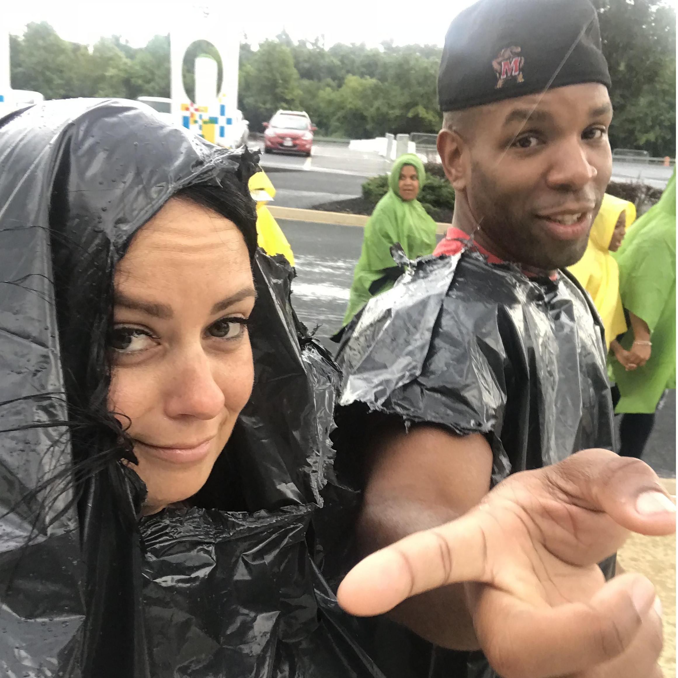 Jeron loves Jay-Z.  I bought him tickets to the tour with Beyonce (YES!), but it rained.  His solution was to pack heavy duty trash bags.  So, this is what we wore to the concert.