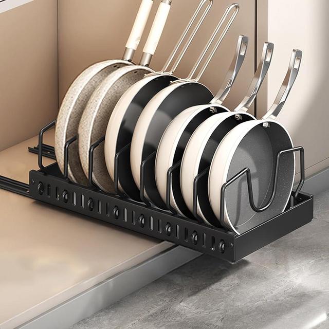 Enskatec Pots and Pans Organizer Under Cabinet, Sliding Pot Lid Holder and Pan Rack in Kitchen, Pull out Pot and Pan Organizer, for Pot Lid, Bakeware, Dishes, Pots and Pans Storage