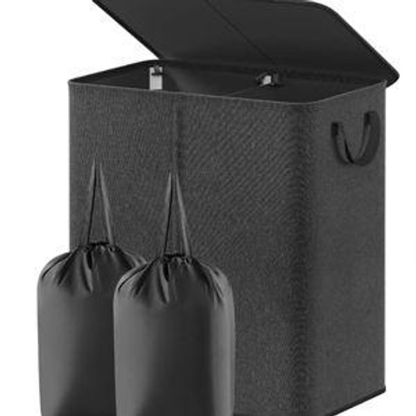 Lifewit Double Laundry Hamper with Lid and Removable Laundry Bags, Large Collapsible 2 Dividers Dirty Clothes Basket with Handles for Bedroom Laundry Room Closet Bathroom College, 155L Black