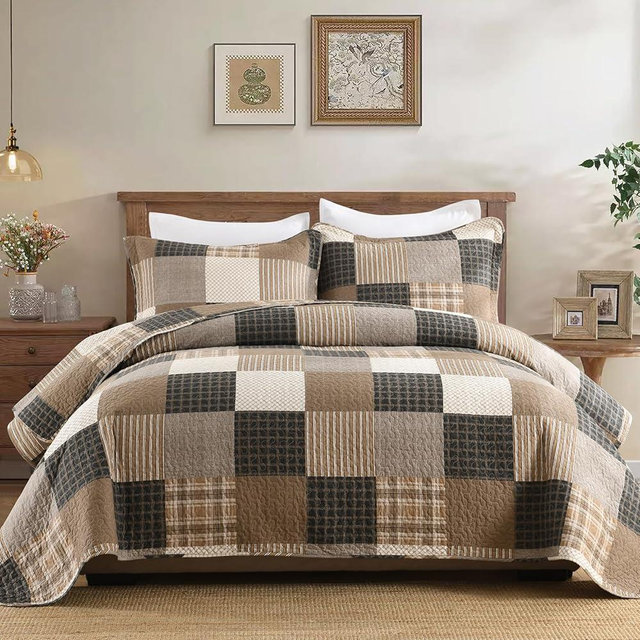 PANGUSHAN 100% Cotton Quilt Set Queen Size, Farmhouse Plaid Lightweight Comforter Rustic Bedding Set Quilted Bedspread, Charcoal/Beige/Brown for Queen Bed, 3 Pieces