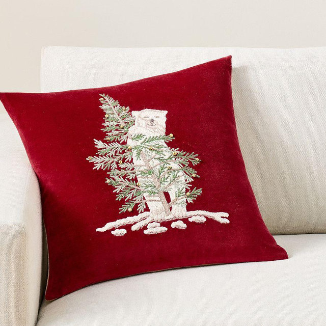 Polar Bear Embroidered Pillow Cover, Cardinal Multi, 20"