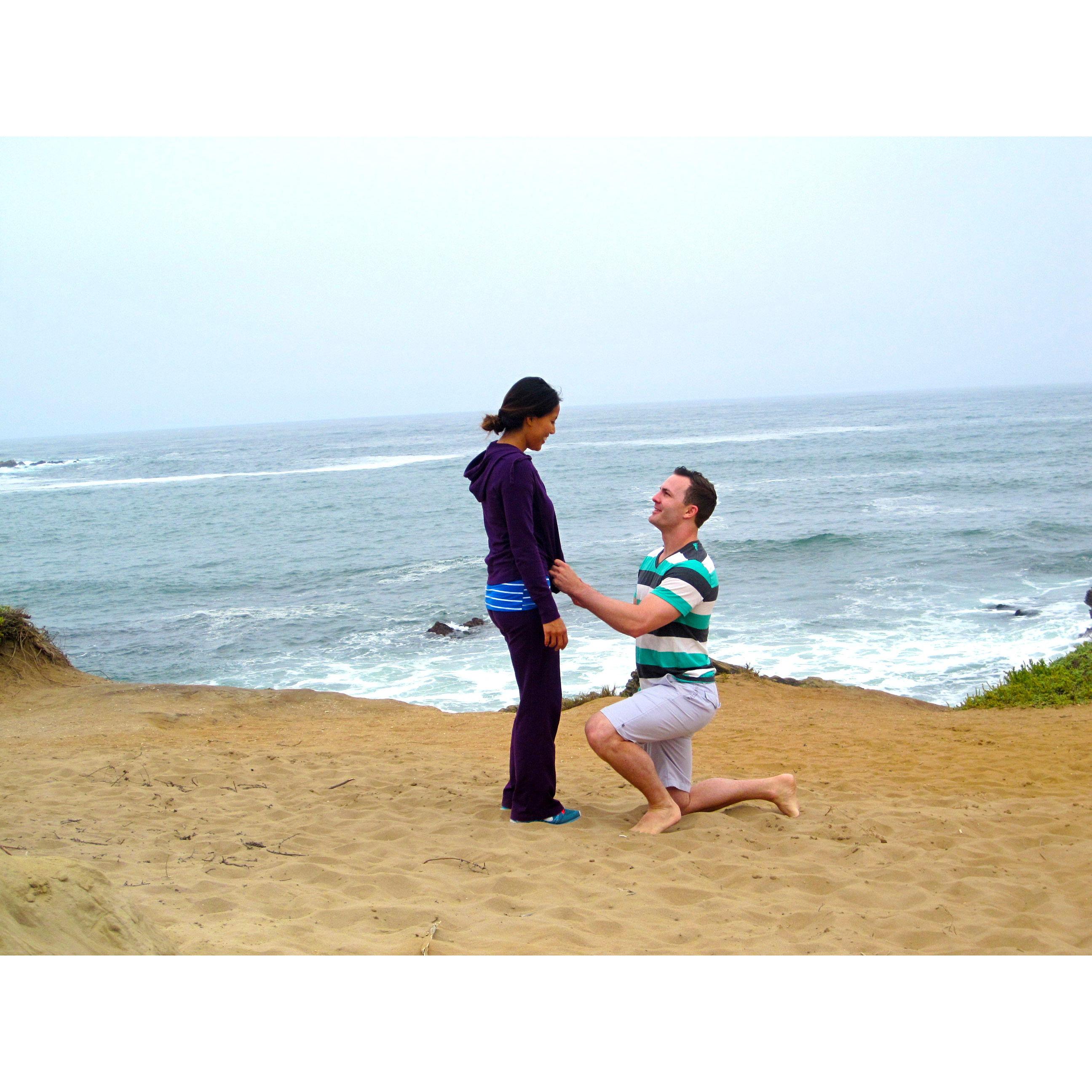 July 4, 2014: Montaña de Oro, CA Bryan put our camera on a tripod and timed it to take the picture right when he proposed