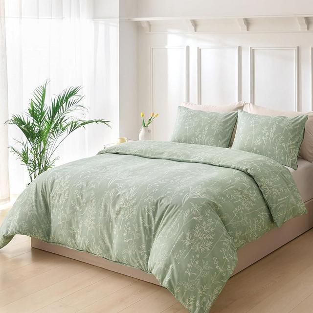 Lekesky Floral Duvet Cover Queen Size, Sage Green Duvet Cover Queen Plant Flowers Pattern Bedding Set for All Season, Soft Breathable Duvet Cover with Zipper Closure & Corner Ties