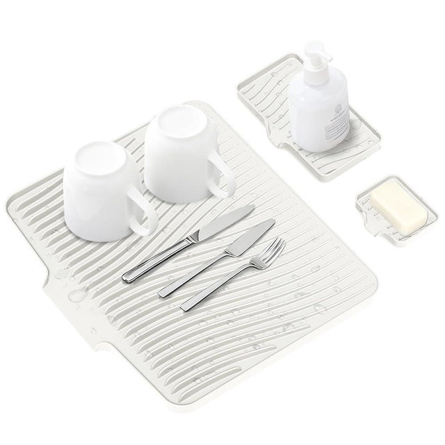 Silicone Dish Drying Mat for Kitchen Counter, Dish Drying Pad, Non-Slip Drain Pad with Built-in Drain, Heat Resistant Stone Drying Mat