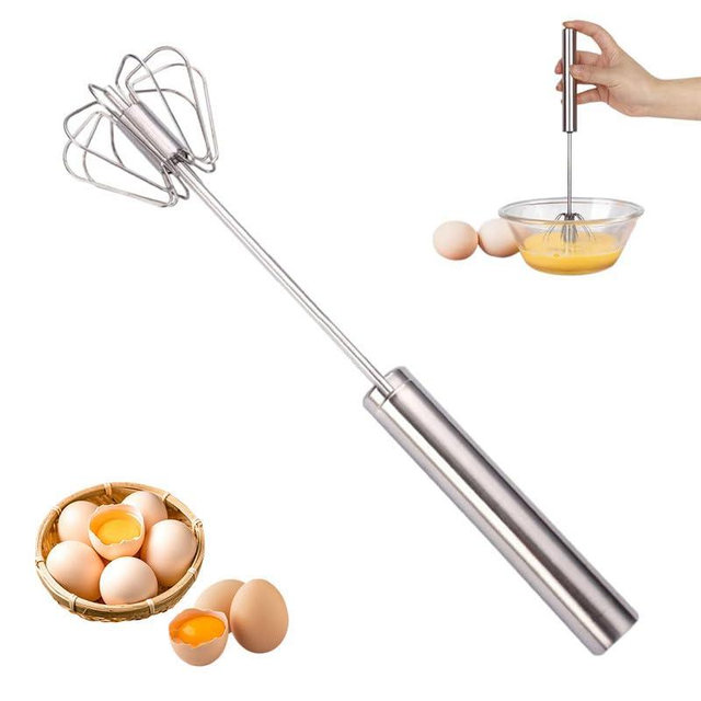 Stainless Steel Semi-Automatic Whisk, 2024 Upgraded Hand Push Mixer Stirrer Tool Manual Egg Shaker, Rotating Automatic Eggbeater for Cooking Kitchen Home Egg Milk(Silver,10in)