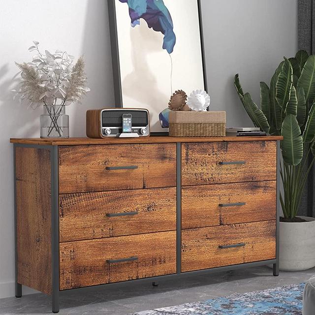 6 Drawer Double Dresser, Industrial Wood Storage Dresser Clothes Organizer, Sturdy Steel Frame, Storage Dresser for Bedroom