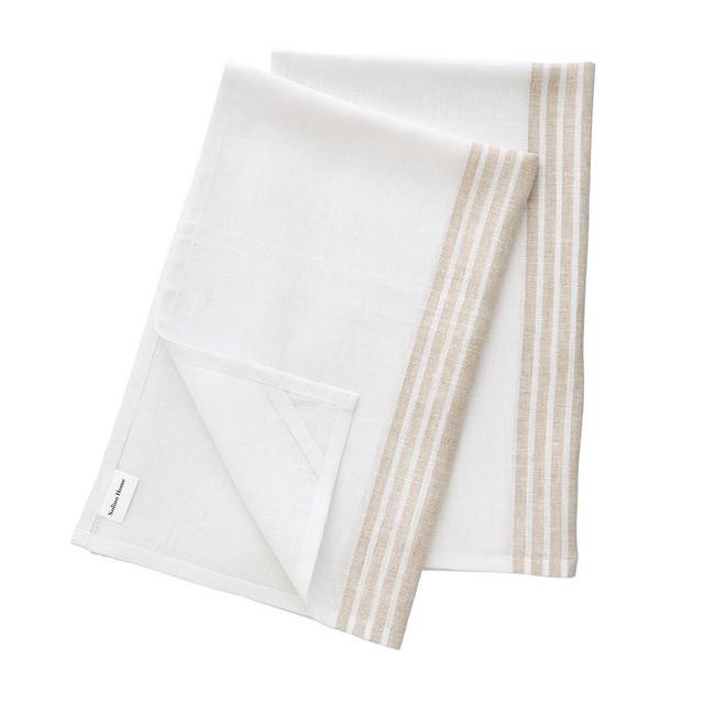 Solino Home Linen Kitchen Towels Set of 2 – Natural and White 17 x 26 Inch – 100% Pure Linen Farmhouse Kitchen/Tea Towels for Fall, Thanksgiving – Machine Washable and Handcrafted from European Flax