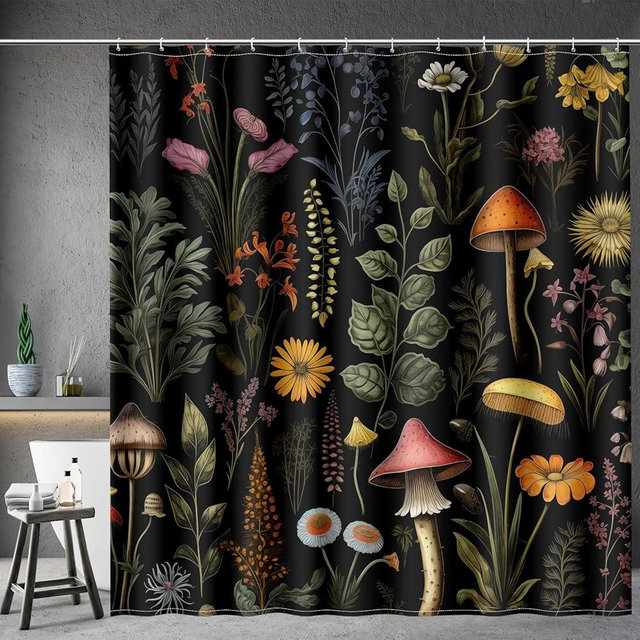 Aimego Mushroom Floral Shower Curtain - Boho Vintage Plants Flowers Retro Bohemian Botanical Nature Bath Shower Curtain Set with 12 Hooks for Adults Bathroom Decor Accessories, 72"x72" Black