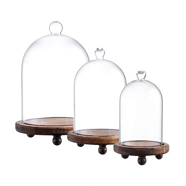 KMwares 3pcs Glass Bell Shape Dome/Cloche Display Various Decor and Accessories w Wood Base