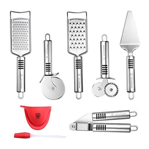 Stainless Steel Pizza Tools Set & Kitchen Gadget Set (6 PCS Set) - Includes Pizza Cutter Wheel, Chocolate & Cheese Grater, Serrated Pie & Cake Server, Garlic Press, Free Brush and Bonus Oven Mitt