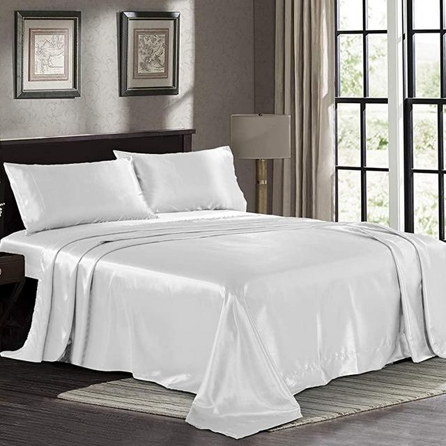 Satin Sheets King [4-Piece, White] Hotel Luxury Silky Bed Sheets - Extra Soft 1800 Microfiber Sheet Set, Wrinkle, Fade, Stain Resistant - Deep Pocket Fitted Sheet, Flat Sheet, Pillow Cases