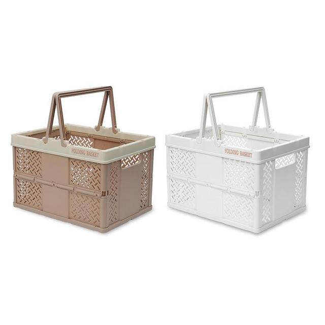 TRZZ 2-Pack Plastic Storage Baskets with Handles, Collapsible Hanging Basket for Organizing, Pastel Storage Crates for Car, Kitchen, Office, Bathroom, and Picnic Organizing, White+Mocha. (12.2" 9" 8.2")