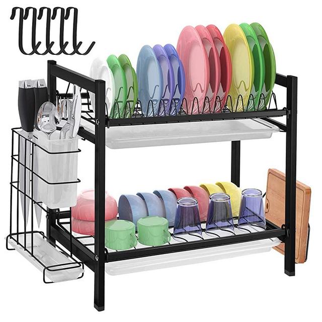 Dish Drying Rack with Drainboard - 2 Tier Dish Rack for Kitchen Counter Stainless Steel Dish Drainer Rack with Utensil Holder Cutting Board Holder Rustproof Dish Strainer Drying Rack with Drainage