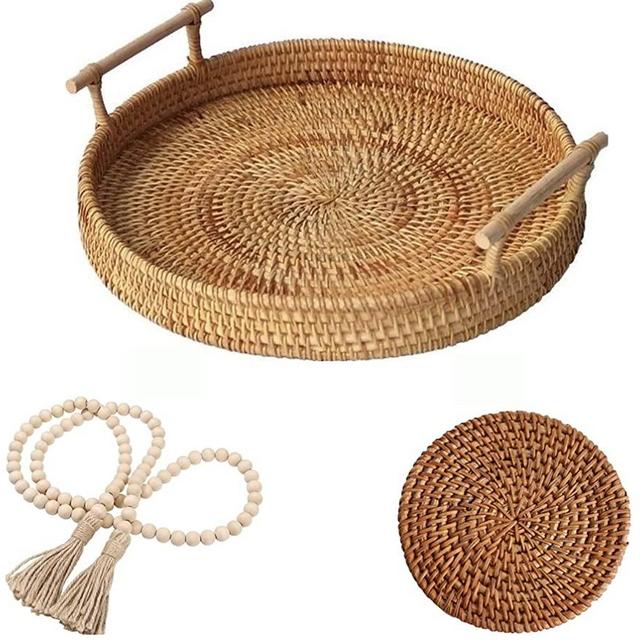 Decorative Coffee Table Tray | Farmhouse Boho Decor | Round Rattan Tray Basket | Wicker Serving Tray with Handles | Bohemian Ottoman Tray | Circle Round Tray | Fall Decor
