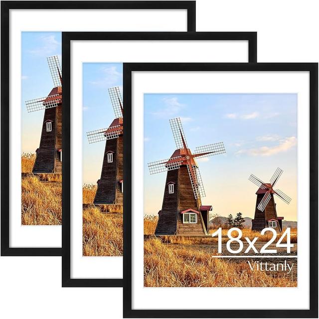 Vittanly 18x24 Picture Frame Set of 3, Display Poster 12x18 with Mat or 18x24 without Mat, Plexiglass, Wall Gallery Frame for Artwork, Vertical or Horizontal Display, Black