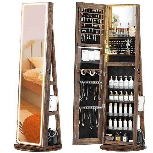 TJYGO Mirror Jewelry Cabinet Standing, Jewelry Armoire with Full-Length LED Mirror and Adjustable Lights, 360° Swivel Jewelry Organizer Storage, Rustic Brown